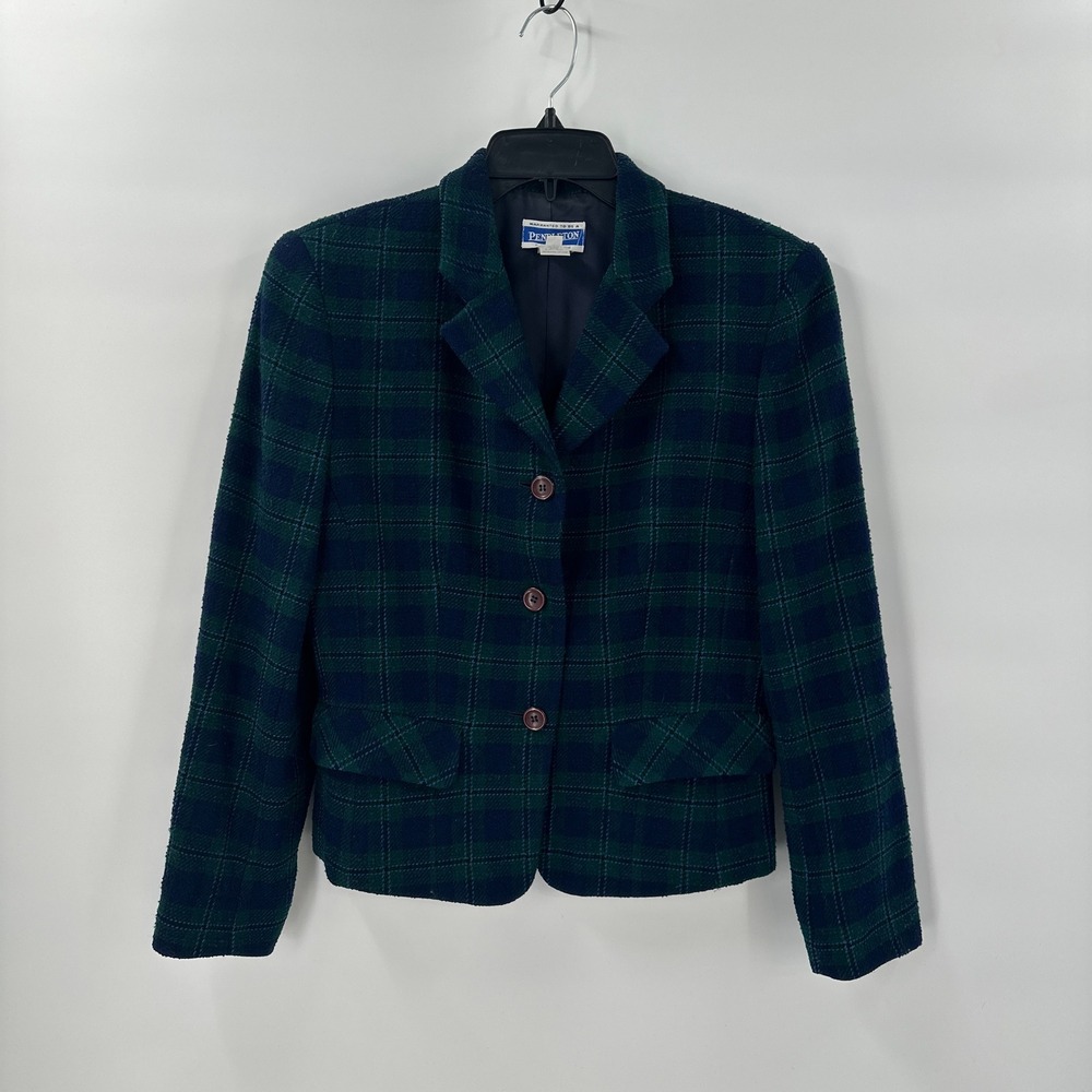 Pendleton Classic Wool Blazer Jacket Women Size 6 Tartan Green‎ Navy Blue Plaid
